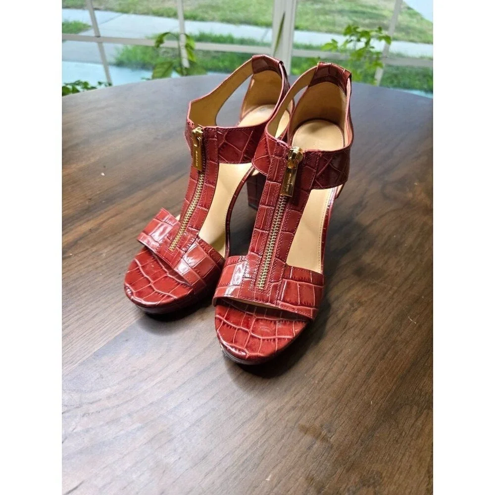 Michael Kors Red Croc Embossed T-Strap High Heel Sandals 9.5M